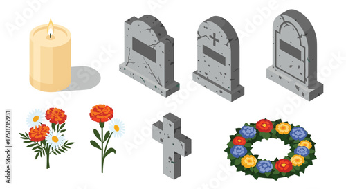 Remembering loved ones with beautiful tombstones, flowers, and a glowing candle - a poignant tribute to life and everlasting memories in peaceful setting