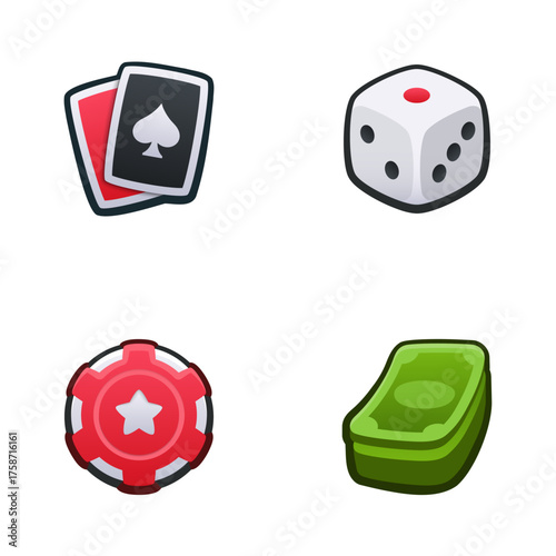 Casino icon set. Isolated vector illustration of mobile game sprites. Design for stickers, logo, mobile app. Arcade or match 3 2d graphics game asset. Flat 3d item sprites sheet.