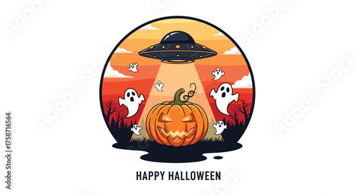 Spooky Halloween night with pumpkin, ghosts, and alien UFO beaming light down, perfect for holiday greeting cards or fun seasonal designs, trick or treat mood