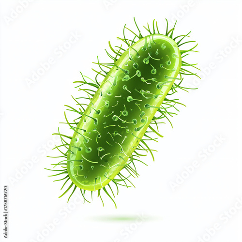 Green Microorganism With Hair-like Projections on White Background