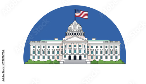 Iconic American capitol building illustration with waving flag for patriotic campaigns and government projects, evoking trust and national pride, perfect for branding