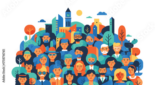 Diverse people in an abstract city illustration perfect for community events, company diversity initiatives, or urban planning projects with a modern feel