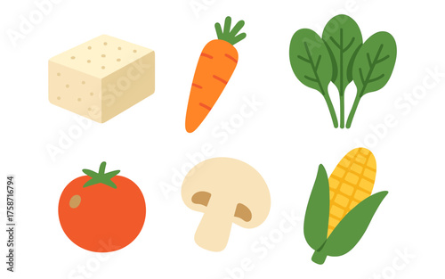 Colorful flat icons of plant-based foods including vegetables and tofu