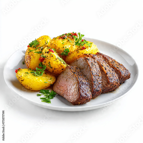 Roast meat pieces with potatoes isolated on white background, front view