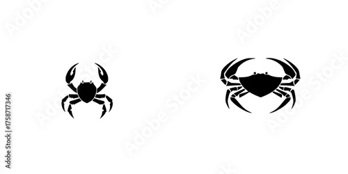 Two distinct black crab silhouettes showcasing different poses side by side against a white background