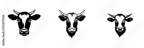 Black and white illustrations of three distinct cow heads showcasing different features and expressions in a simplistic design style