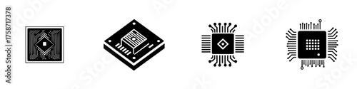 Different types of computer chips depicted in a minimalist style showcasing electronic design and technological advancement