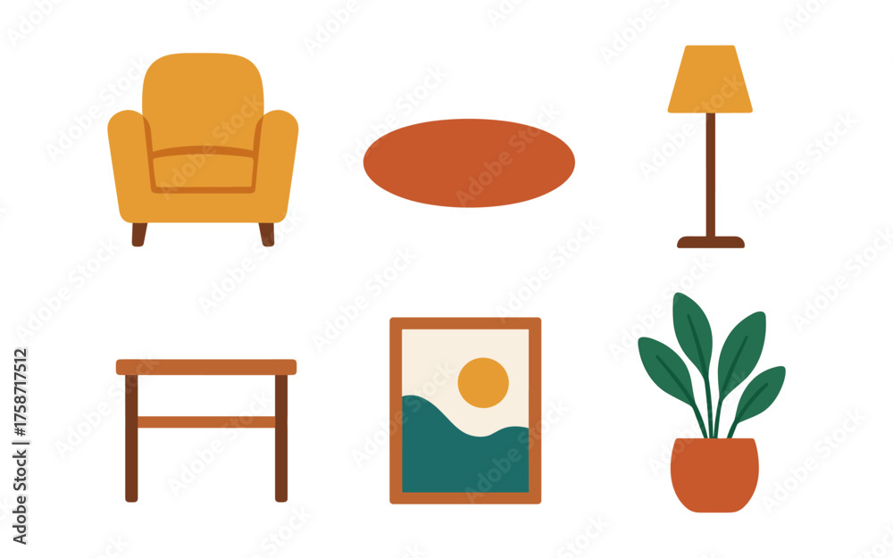 Fototapeta premium Modern minimalist home decor elements set featuring furniture and accessories