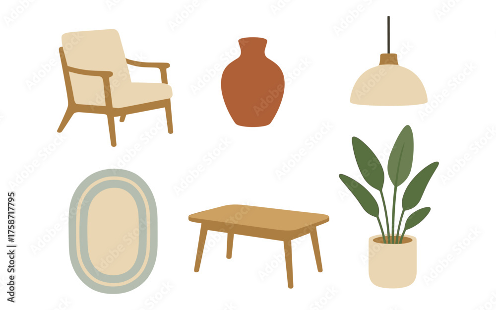 Fototapeta premium Mid century modern furniture and decor collection in minimalist design