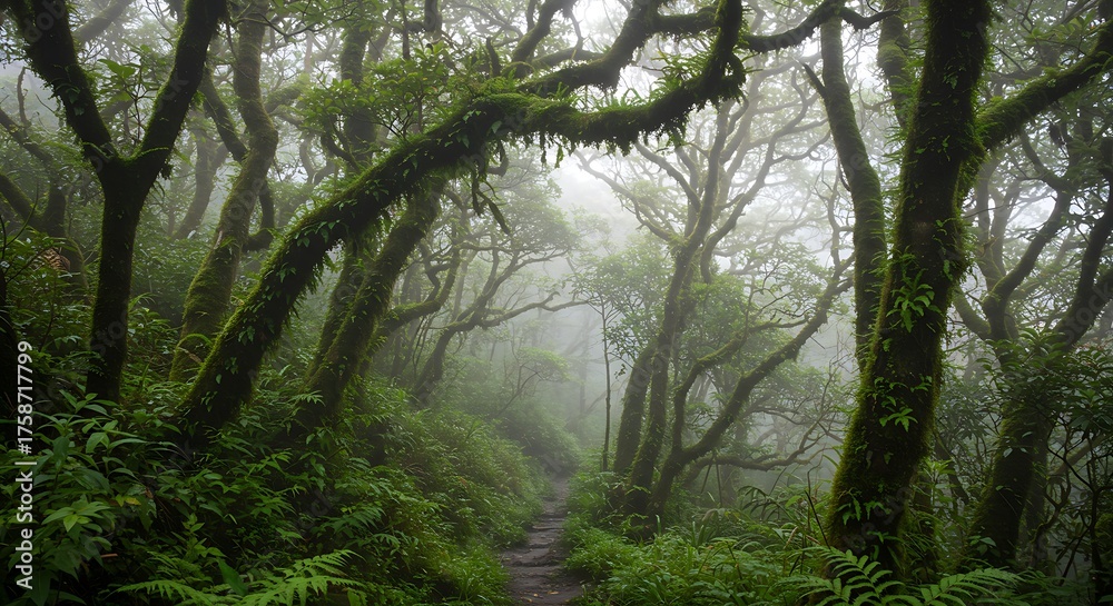 Naklejka premium Dense forest path with moss covered trees and a misty atmosphere