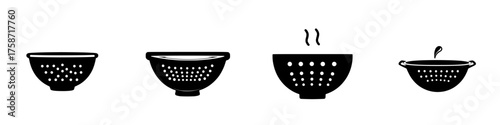 Colanders of various styles lined up in a minimalist kitchen setting during daylight