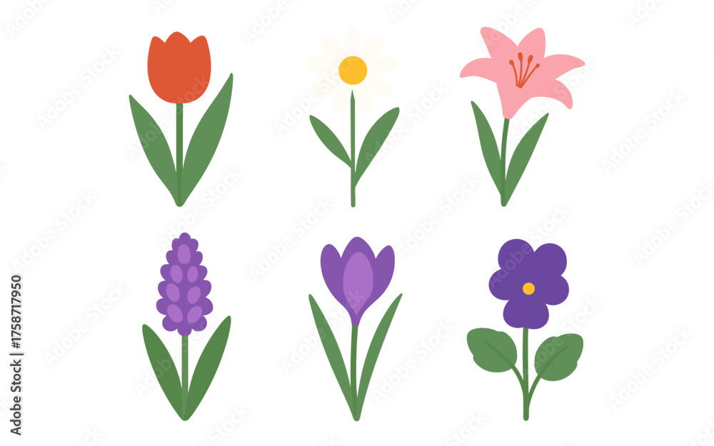 Obraz premium Set of minimalist floral icons with six blooms on light background