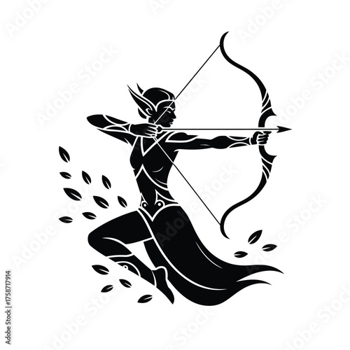 Silhouette of an elf archer in dynamic pose with bow and arrow