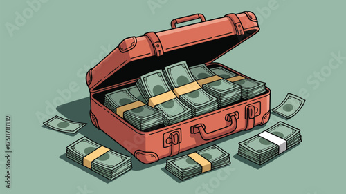 Open suitcase overflowing with bundles of cash money