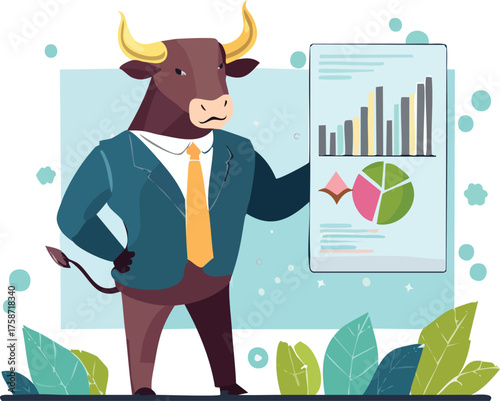 A professional bull character presenting a financial report with ascending charts. Illustrates a strong Bull Market trend, investment success, corporate growth, and economic prosperity.