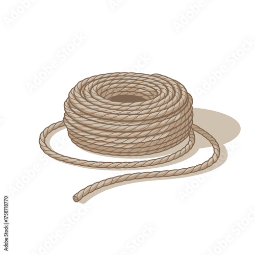 Rolled up coil of natural fiber rope with loose end against white background