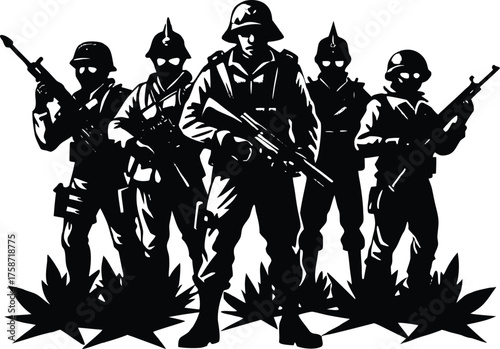 Silhouette of military army with weapons, usa men soldiers with rifle, salute soldier and american veteran. Independence or memorial day background with army soldier silhouette. Pride and honor symbol