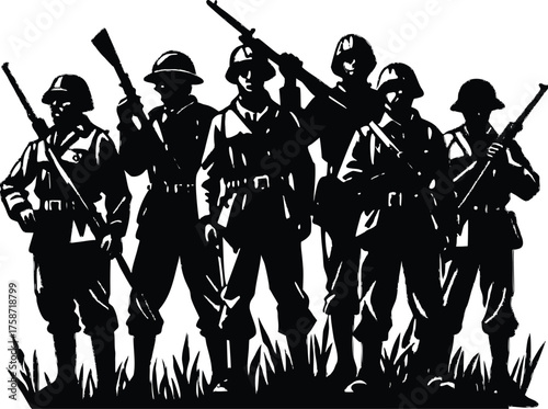 Silhouette of military army with weapons, usa men soldiers with rifle, salute soldier and american veteran. Independence or memorial day background with army soldier silhouette. Pride and honor symbol