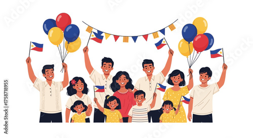 Filipino family celebrating Independence Day with flags and balloons, vector illustration.