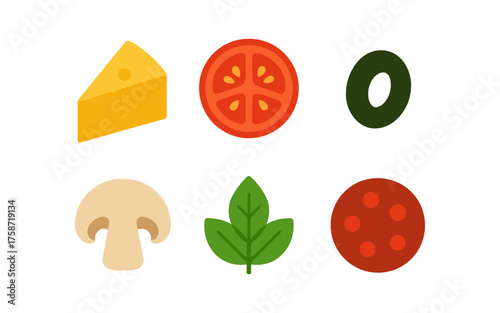 Flat style pizza toppings: cheese, tomato, olive, mushroom, basil, pepperoni icons