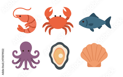 Colorful aquatic icons featuring seafood delights and marine creatures