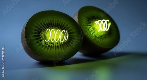 Glowing Kiwi Fruit Halves with Neon Filaments Illuminating from Within.