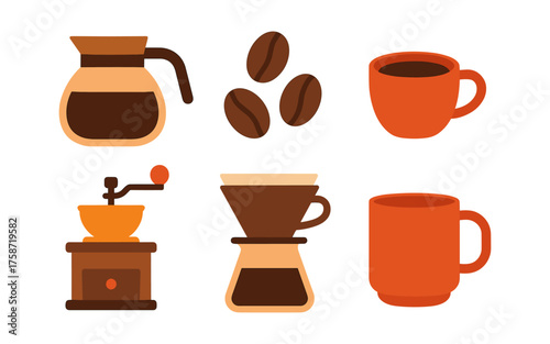 Flat style coffee icons: grinder, dripper, beans, cup, pot, mug
