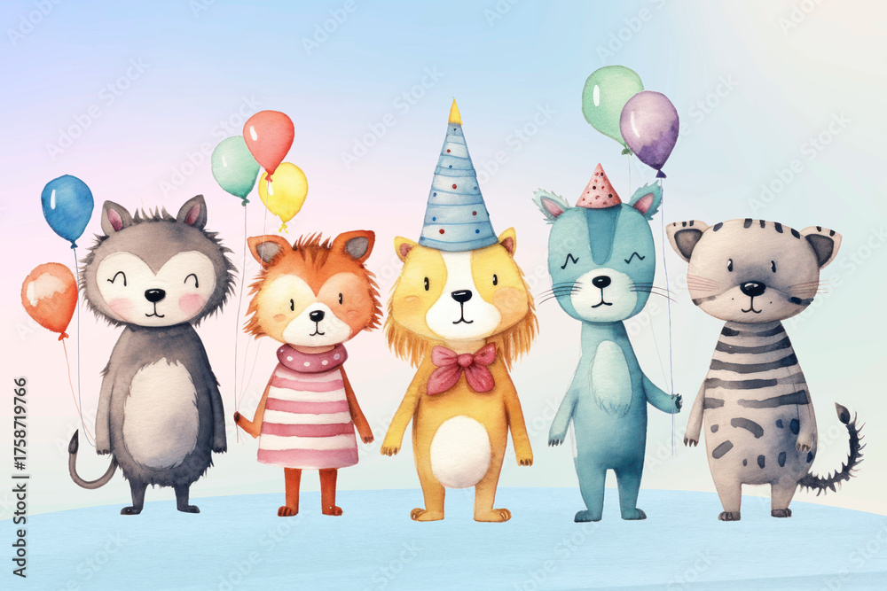 Obraz premium Cute animal birthday party cartoon, watercolor illustration remix