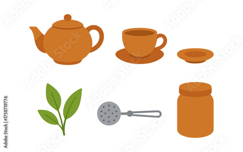 Flat design tea time elements: teapot, cup, leaves, infuser, jar