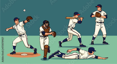 A dynamic, flat vector illustration set of baseball players in various actions. This artwork captures the energy of the sport with a clean, modern design.