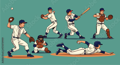 A dynamic, flat vector illustration set of baseball players in various actions. This artwork captures the energy of the sport with a clean, modern design.