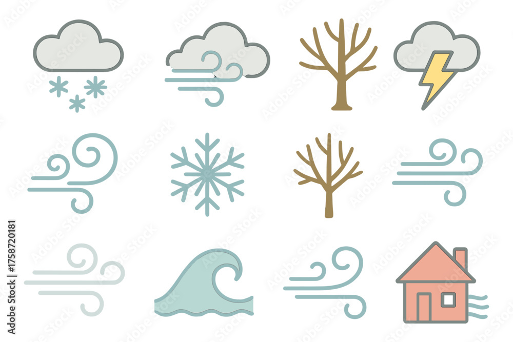 Obraz premium Weather icons set: clouds, wind, snow, trees, and lightning in outline style