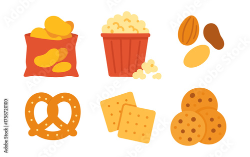 Assorted snack icons: chips, popcorn, pretzels, and cookies