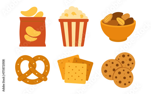 Assorted snacks collection: chips, popcorn, nuts, pretzels, crackers, cookies