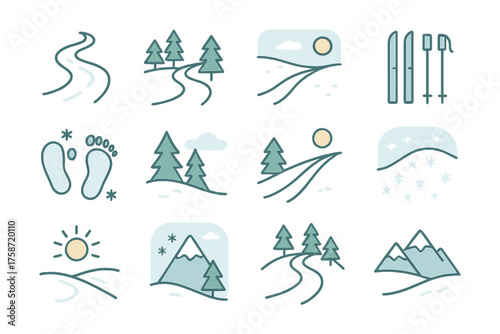 Minimalist winter adventure icons with trees, mountains, skiing, and hiking paths