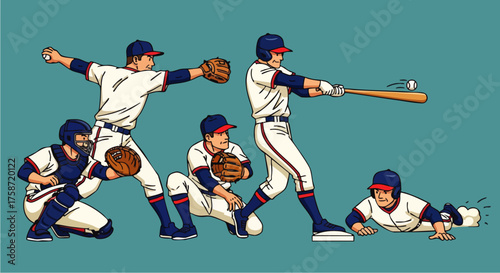 A dynamic, flat vector illustration set of baseball players in various actions. This artwork captures the energy of the sport with a clean, modern design.
