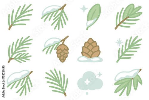 Winter greenery set with pine branches and snowy cones in flat style