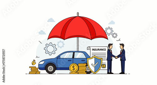 Vector illustration with car insurance concept showing an agent and a car protected by an umbrella and a shield, next to a policy document and a stack of money, representing safe car protection.
