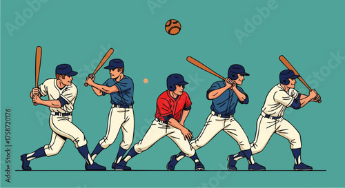 A dynamic, flat vector illustration set of baseball players in various actions. This artwork captures the energy of the sport with a clean, modern design.