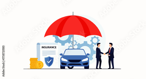 Vector illustration with car insurance concept showing an agent and a car protected by an umbrella and a shield, next to a policy document and a stack of money, representing safe car protection.