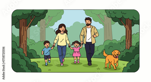 Vector flat style illustration in Adobe Illustrator of a happy family with a child and a golden retriever running in the park. Ideal for family life and outdoor activities.