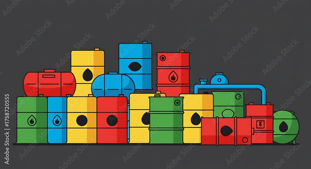 Obraz premium Colorful oil barrels illustration representing industry and energy resources