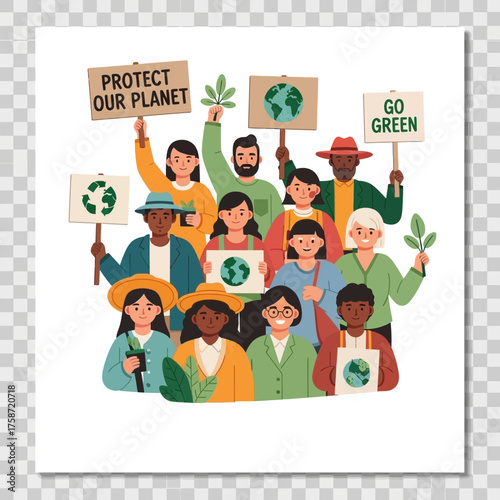 Diverse group of people advocating for environmental protection, promoting sustainability, and supporting a green planet with uplifting signs and hopeful energy
