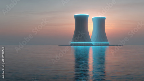 Serene futuristic nuclear cooling tower glowing blue with clean energy. powerful reflection on calm water at sunset showing future innovation