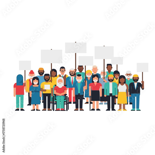 Diverse group of people united in protest, holding blank signs, ready to advocate for change and social justice in solidarity