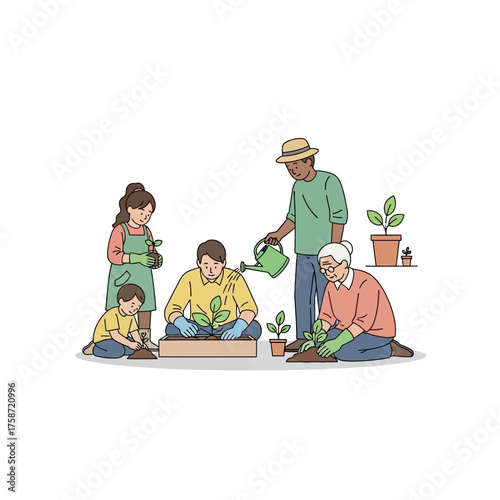 Happy family gardening together, planting seeds and nurturing new life, creating a vibrant garden full of joy and growth