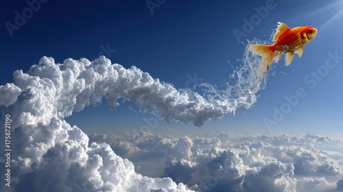 Surreal fantasy goldfish soars through blue sky above cloud. concept of freedom, ambition, imagination, and powerful dream