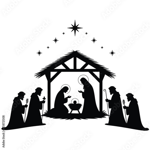 Christmas nativity scene silhouette with shepherds and wise men