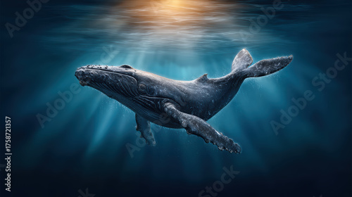 Majestic humpback whale swimming underwater in deep blue ocean. Serene wildlife encounter with sunbeam light filtering through sea surface