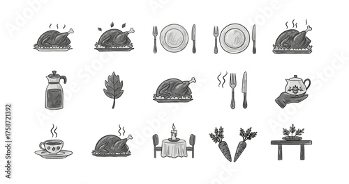 Hand drawn thanksgiving feast elements with roast turkey, table settings, and autumn decor